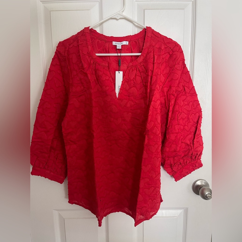 Chico's Vibrant Red Heart Textured Blouse - Perfect for Valentine’s Day!